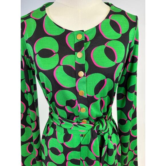 Diane Von Furstenberg Green Pink Geometric 100% Silk Long Sleeve Mini Dress Sz 2 - Picture 5 of 11